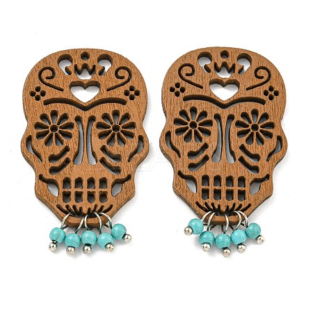 Laser Cut Poplar Wood Pendants Skull Charms with Dyed Synthetic Turquoise FIND-G073-05-1