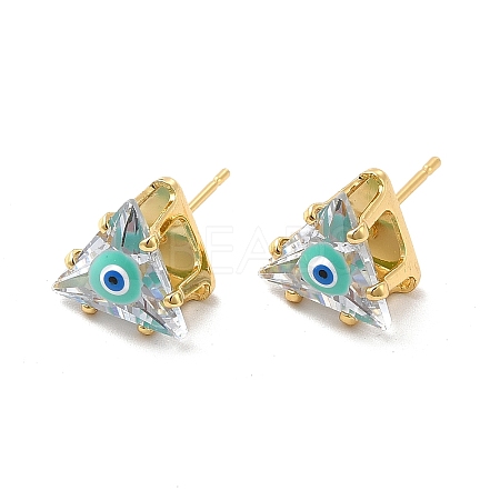 Glass Triangle with Enamel Evil Eye Stud Earrings EJEW-P210-01G-03-1