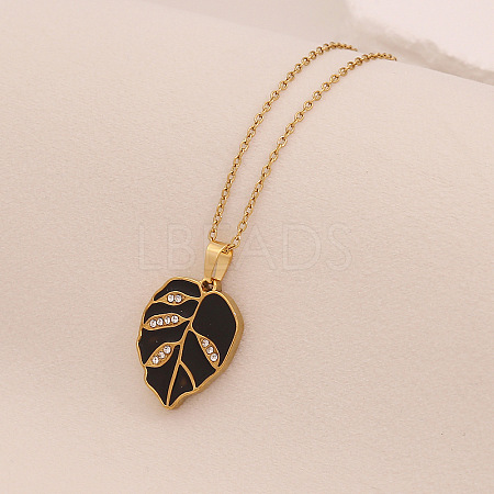 304 Stainless Steel Pave Cubic Zirconia with Enamel Leaf Pendant Necklaces FS-WGB4824-02-1