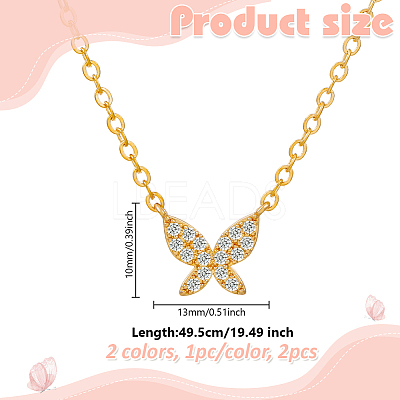 2Pcs 2 Colors Brass Micro Pave Clear Cubic Zirconia Butterfly Pendant Iron Chain Necklaces for Women NJEW-HY0001-20-1