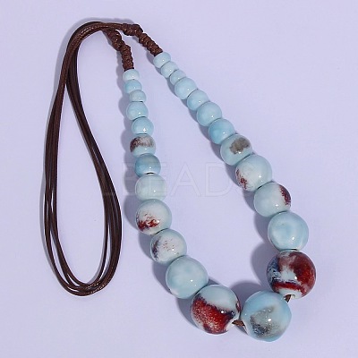 Ethnic Style Porcelain Round Graduated Beaded Waxed Cord Necklaces for Women FS-WG62C5E-02-1