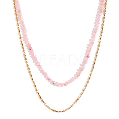 18K Gold Plated Stainless Steel & Natural Pink Opal Beaded Double Layer Necklaces for Women QW1726-4-1
