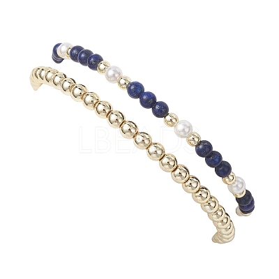 2Pcs Natural Lapis Lazuli & Shell Pearl & Non-magnetic Synthetic Hematite Beaded Stretch Bracelets for Women BJEW-JB12938-02-1
