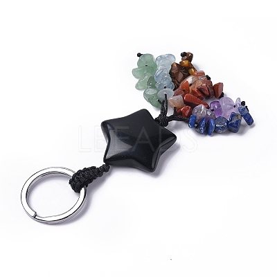 Natural Obsidian Star with Mixed Gemstone Chips Beaded Tassel Keychains KEYC-P012-01P-01-1