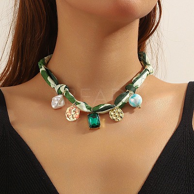 Rectangle Alloy Enamel & Resin & Green Glass & Plastic Pearl & Rhinestone Tassel Scarf Choker Necklaces FS-WG248CD-10-1