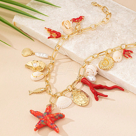 Porcelain & Alloy & Resin & Nataural Mixed Shell Starfish Fish Coral Shape Tassel Bib Necklaces FS-WG61EDD-01-1