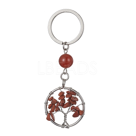 Natural Carnelian & Red Jasper Chips Flat Round with Tree of Life Kcychain KEYC-JKC00563-03-1