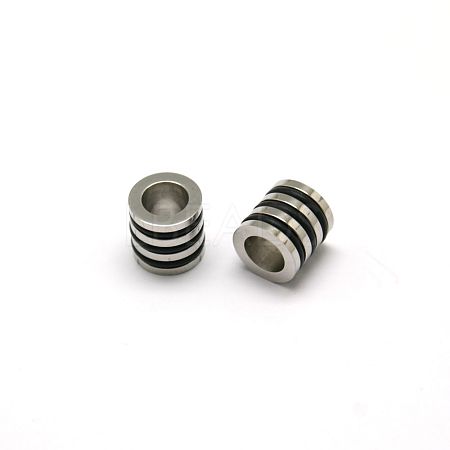 Nice Big Hole 304 Stainless Steel Wrapped Black Rubber Column Beads STAS-O041-02-1