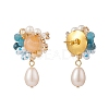 Natural Carnelian & Apatite Beaded Flower with Shell Pearl Dangle Stud Earrings EJEW-TA00163-2