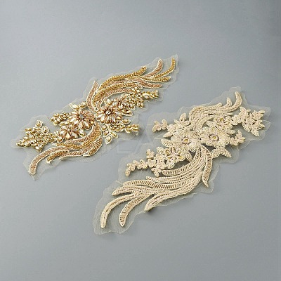 Phoenix Tail Pattern Glass Rhinestone & Mesh Base Fabrics Handwork Embroidery Cloth Sew on Appliques PATC-WH0009-02C-1