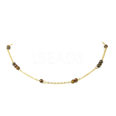 5MM Round Natural Mixed Stone Beads Brass Cable Chain Necklaces for Women NJEW-JN06378-1