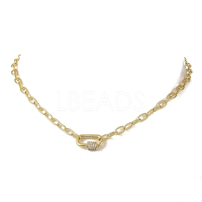 Brass Paperclip Chain Necklaces with Rectangle Brass Micro Pave Clear Cubic Zirconia Screw Carabiner Lock Charms NJEW-JN06410-1