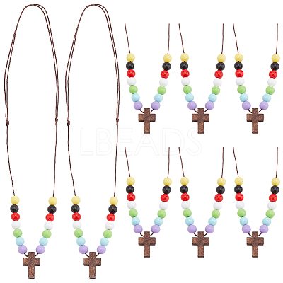 Wood Cross with Acrylic Beaded Pendant Necklaces for Women NJEW-AB00011-1