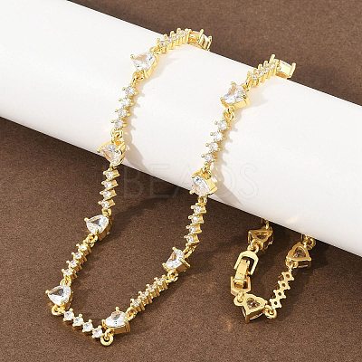 Brass Pave Clear Cubic Zirconia Heart Link Chain Necklaces KK-CBA4547-16B-G-1