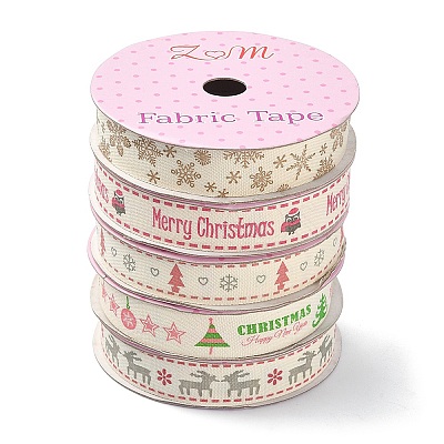5 Rolls 5 Patterns Single Face Printed Cotton Satin Ribbons OCOR-YW0001-04-1