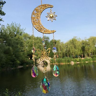 Natural Yellow Quartz Chip & Metal Moon Hanging Suncatchers PW-WG15083-06-1