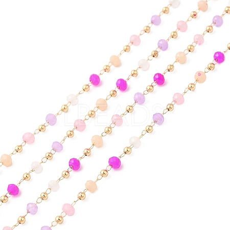Faceted Rondelle Glass & Round 304 Stainless Steel Beaded Chains CHS-G026-01KCG-01-1