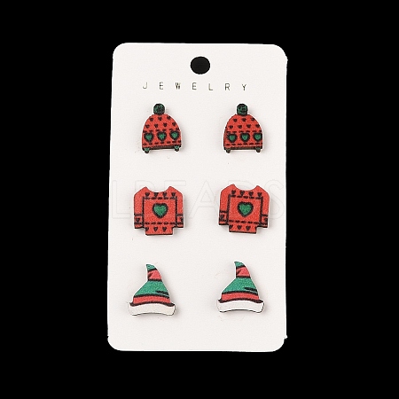 Christmas Theme Wood Stud Earrings EJEW-U016-06P-03-1