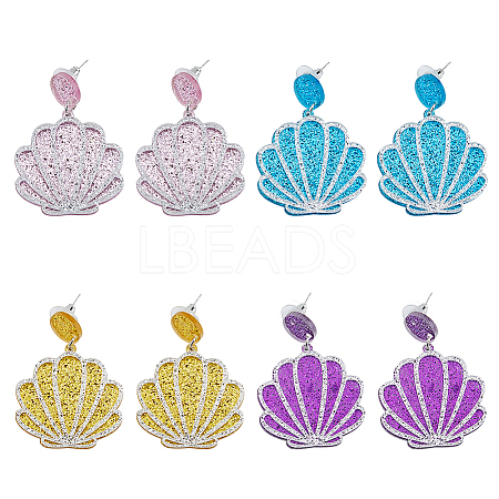 FIBLOOM 4 Pairs 4 Colors Sparkling Resin Shell Shape Dangle Stud Earrings for Women EJEW-FI0001-67-1