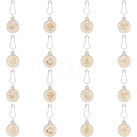 8Pcs 8 Style Flat Round with Flower Wood Charms Locking Stitch Marker HJEW-WH0042-32-1