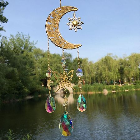Natural Yellow Quartz Chip & Metal Moon Hanging Suncatchers PW-WG15083-06-1