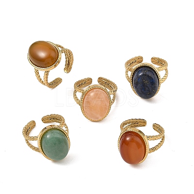 Natural Mixed Gemstone with 304 Stainless Steel Open Cuff Rings Set for Women RJEW-JR01115-1