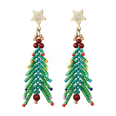 Christmas Tree Natural Red Jasper & Glass Seed Beads Dangle Stud Earrings for Women EJEW-MZ00157-1