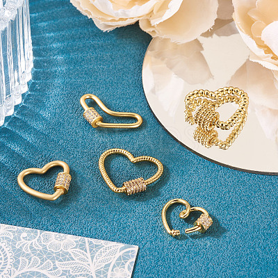 5Pcs 5 Style Brass Micro Pave Clear Cubic Zirconia Screw Carabiner Lock Charms ZIRC-TA0002-17-1