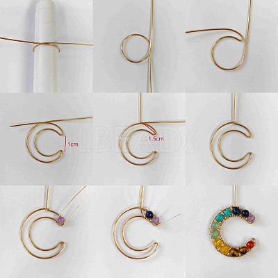 7 Chakra Round Mixed Stone Copper Wire Wrapped Moon Pendants PALLOY-TA00401-02-1