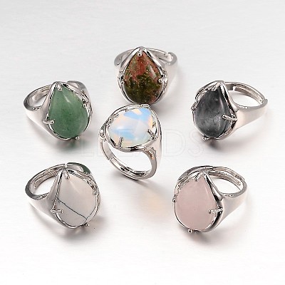 Teardrop Platinum Tone Brass Gemstone Adjustable Wide Band Rings RJEW-L062-02-1