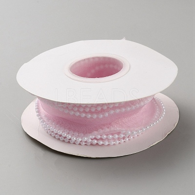 5 Yards Organza Ribbon with Plastic Pearl Beads OCOR-WH0091-58A-1