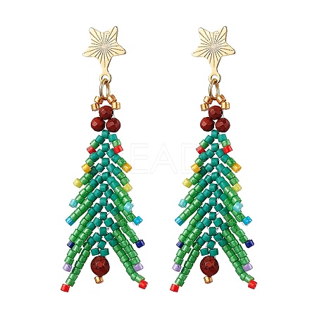 Christmas Tree Natural Red Jasper & Glass Seed Beads Dangle Stud Earrings for Women EJEW-MZ00157-1
