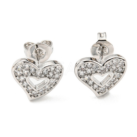 Clear Cubic Zirconia Heart Stud Earrings EJEW-F321-02P-1