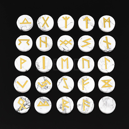 Brass Elder Futhark Alphabet Engraved Symbol Flat Round Natural Howlite Rune Stones G-I373-01F-1