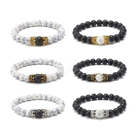 Natural Lava Rock & Natural and Synthetic Howlite Stretch Bracelets Set for Couples Best Friendship BJEW-JB06869-1