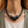 Wooden Faceted Round and Trapezoid Beads Pendant Imitation Leather Cord Multi-Strand Necklaces for Women WG6B682-02-1