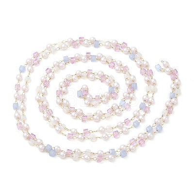 Faceted Cube Glass & ABS Plastic Imitation Pearl Beaded Chains CHS-G026-02KCG-02-1-1