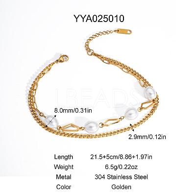 Elegant 304 Stainless Steel & Imitation Pearl Double Layer Link Chain Anklets HM7489-8-1