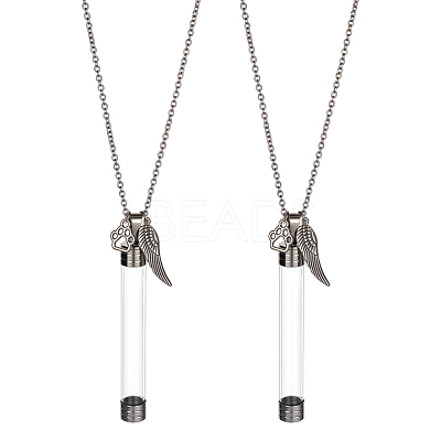 2Pcs Clear Plastic Tube Box & Alloy Paw Print and Wings Pendant Iron Chain Necklaces NJEW-DR00026-1