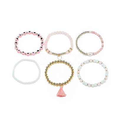 6Pcs 6 Style Natural & Synthetic Mixed Gemstone & Pearl & Resin Evil Eye Stretch Bracelets Set BJEW-JB08885-1