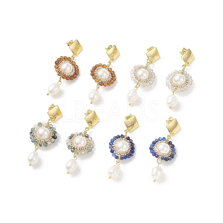 4 Pair 4 Style Natural Mixed Gemstone & Shell Pearl Beaded Flower Dangle Stud Earrings EJEW-JE05076-1