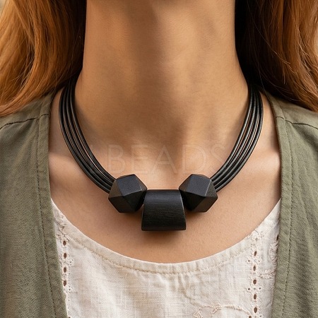 Wooden Faceted Round and Trapezoid Beads Pendant Imitation Leather Cord Multi-Strand Necklaces for Women WG6B682-02-1