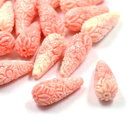 Craved Flower Teardrop Dyed Synthetical Coral Beads CORA-P001-12-40mm-1