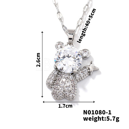 Brass Clear Cubic Zirconia Shiny 3D Bear Pendant Necklaces PZ7531-1-1