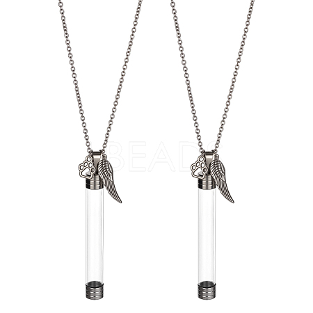 2Pcs Clear Plastic Tube Box & Alloy Paw Print and Wings Pendant Iron Chain Necklaces NJEW-DR00026-1