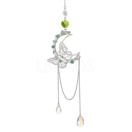 Natural Green Aventurine Chips & Brass Moon & 304 Stainless Steel Butterfly Suncatcher HJEW-TA00449-01-1