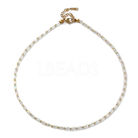 Oval Glass & 201 Stainless Steel Beaded Necklace NJEW-Z029-01A-1