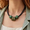Wooden Faceted Round and Trapezoid Beads Pendant Imitation Leather Cord Multi-Strand Necklaces for Women WG6B682-03-1
