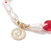 Natural Pearl & Millefiori Glass Beaded Stretch Bracelet with Heart and Coin Charm for Women BJEW-TA00060-4