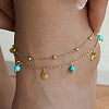Synthetic Turquoise Round & 304 Stainless Steel Shell Shape Charm Double Layer Anklets for Women FS-WG7A7AF-01-4